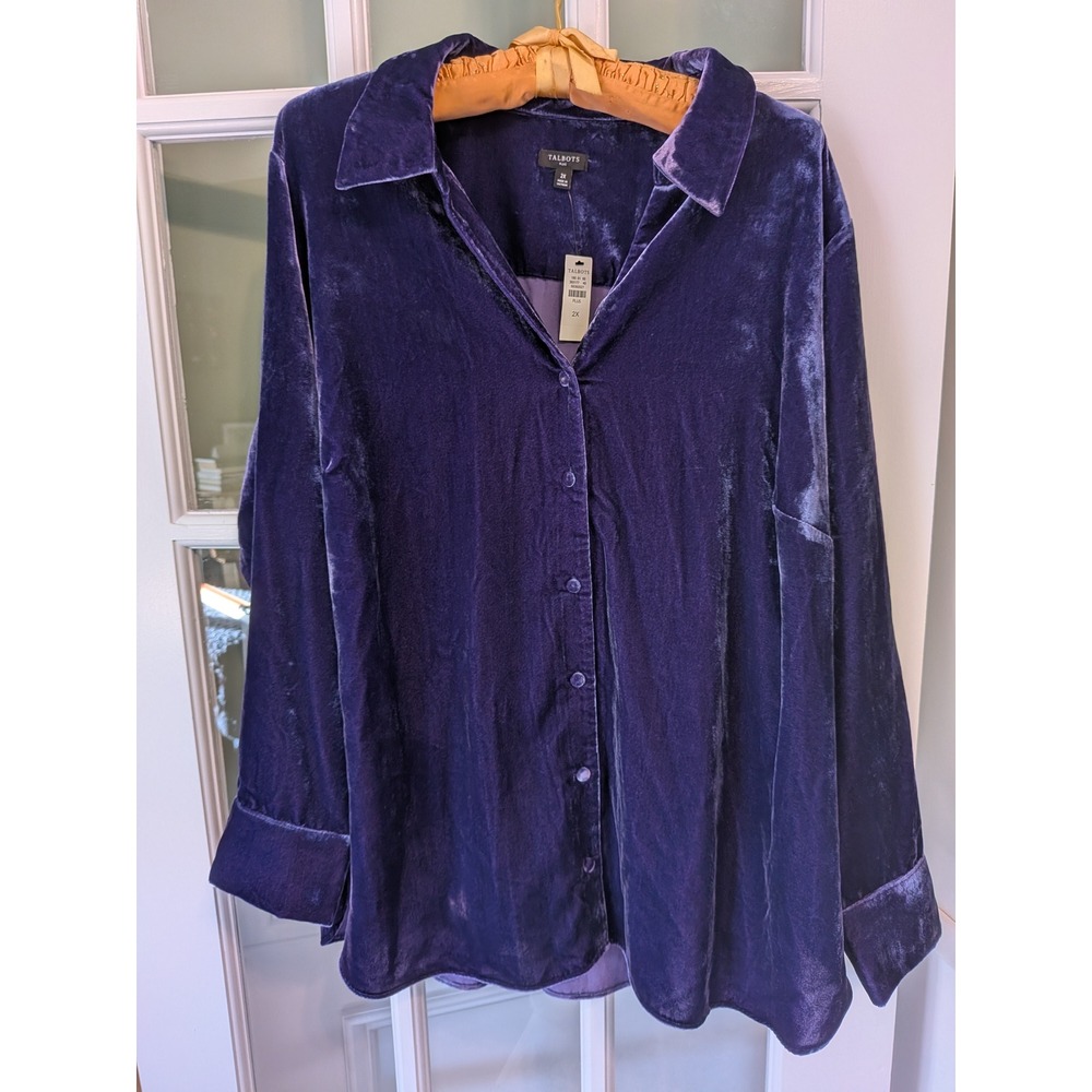 Talbots Plus Purple Velvet Button Down Shirt 2X Long Sleeve Witchy Goth Fall NWT